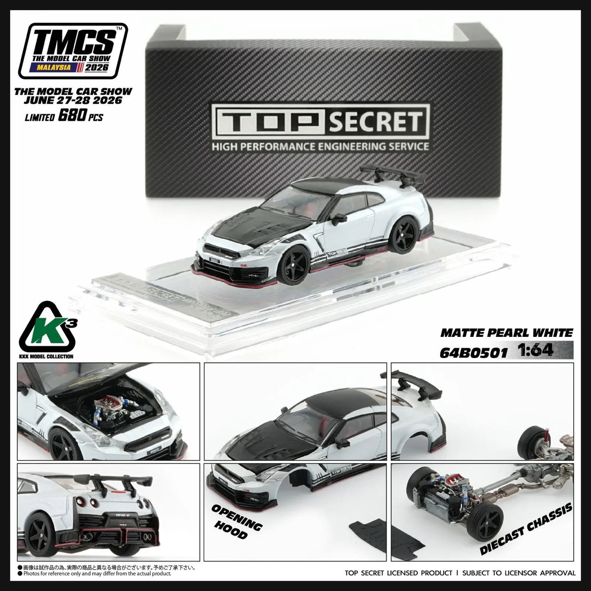 Nissan GT-R R35 Pearl White Top Secret TMCS 2026 Exclusive Numbered 517/1000 K3 1/64