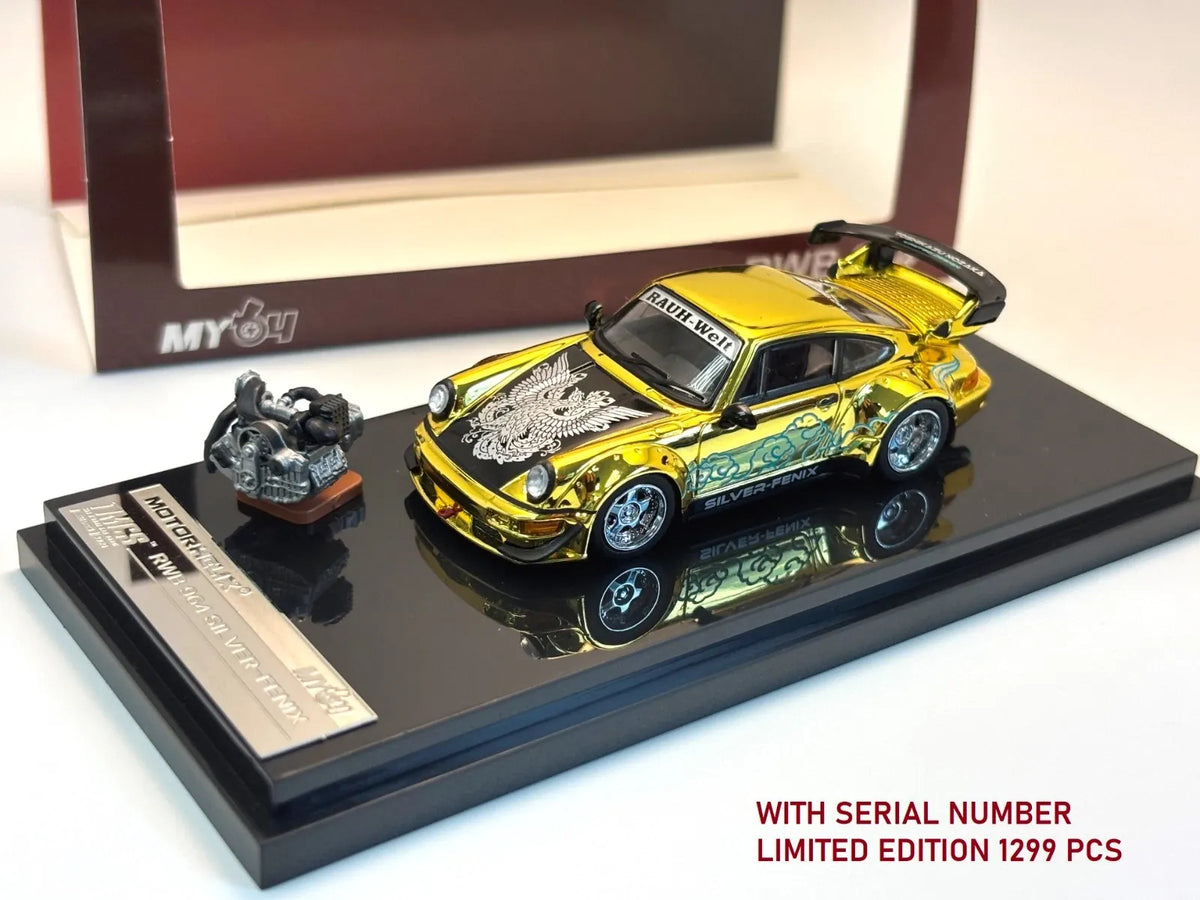 Porsche 911 964 RWB Silver Fenix Gold Chrome with 1/64 magnetic air-cooled engine Motorhelix TMCS 2026 Limited Edition