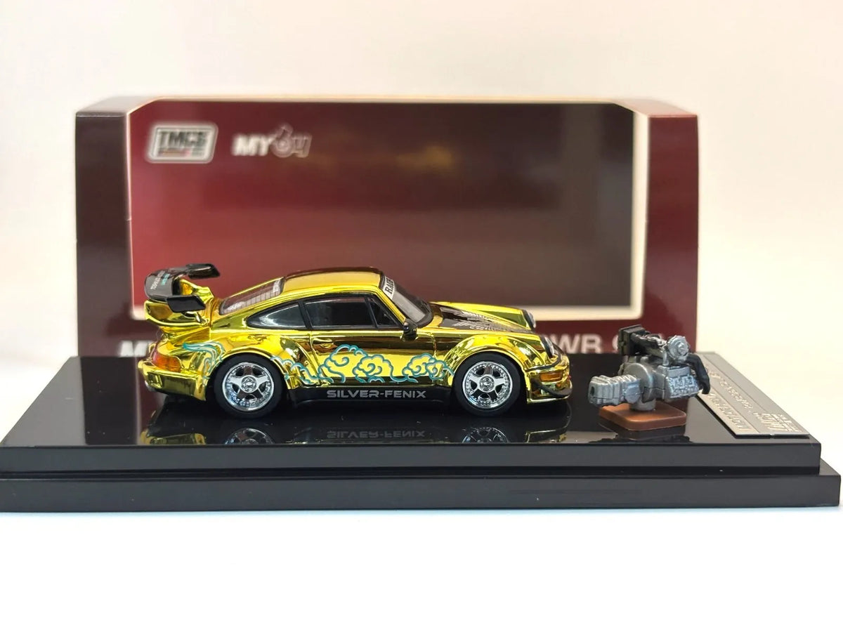 Porsche 911 964 RWB Silver Fenix Gold Chrome with 1/64 magnetic air-cooled engine Motorhelix TMCS 2026 Limited Edition