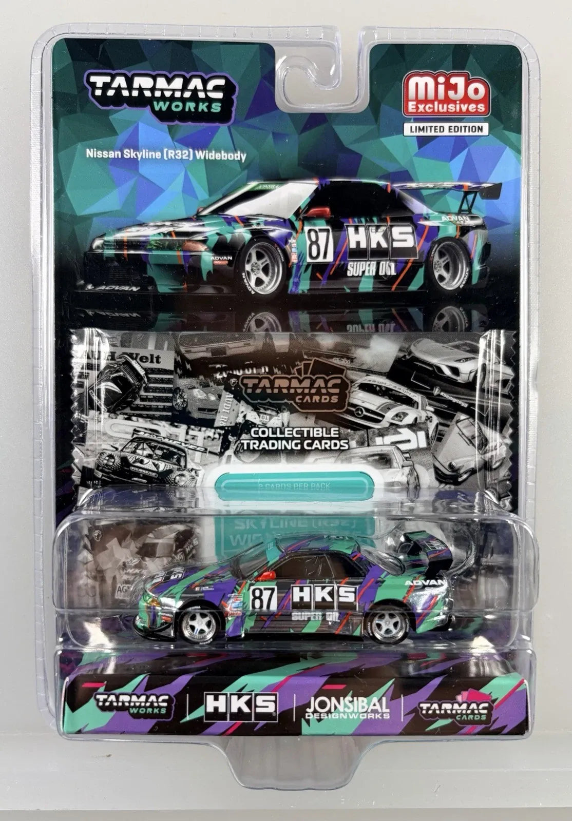 Chrome Chase SIlver Nissan Skyline R32 Widebody Jonsibal Designworks & HKS with Card Pack Blue, Green, Black Limited Edition Tarmac Works 1/64