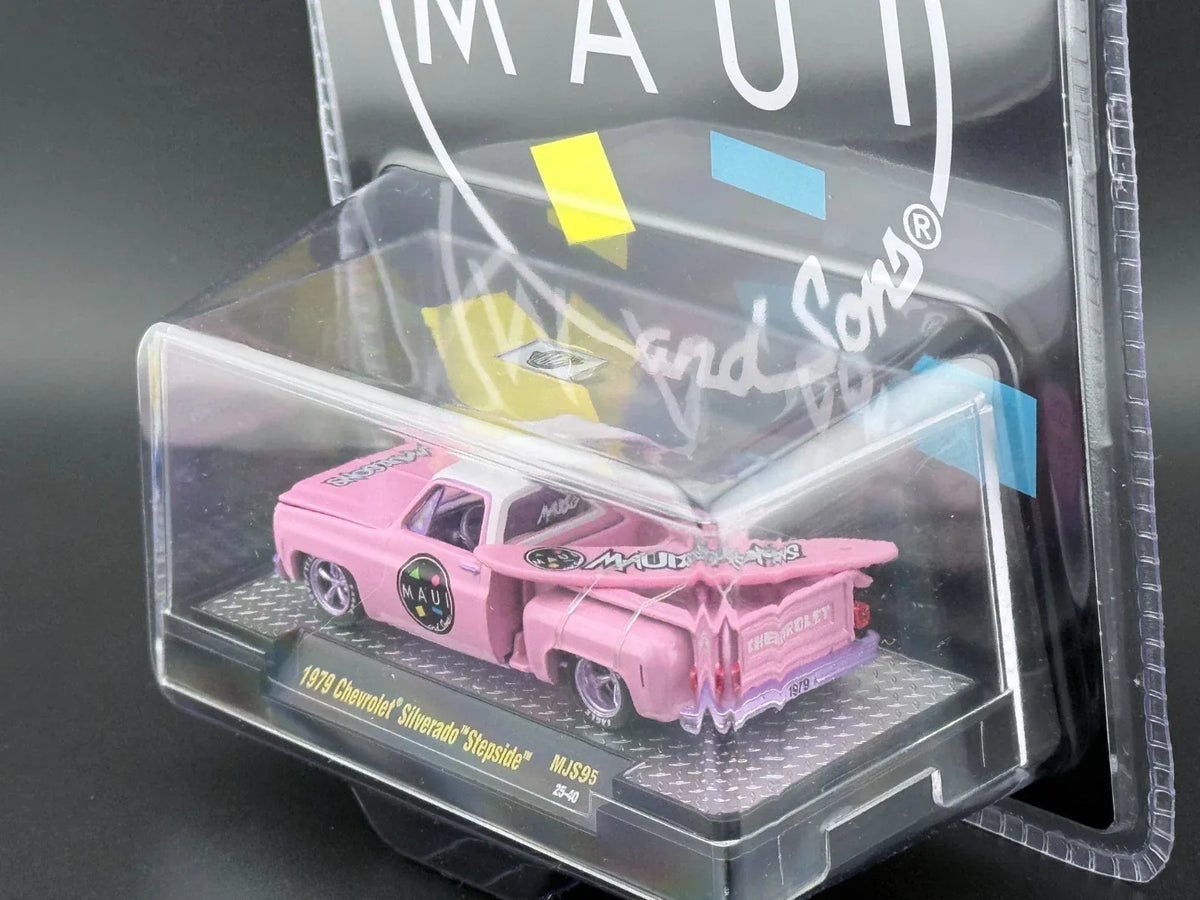 Chase 1979 Chevrolet Silverado Stepside with Surfboard Maui & Son Pink MiJo Exclusives Limited Edition