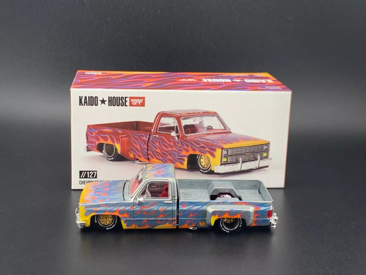 Chase Chevrolet Silverado Dually on Fire V1 Red with Flames Kaido House Mini GT 1/64 scale KHMG127