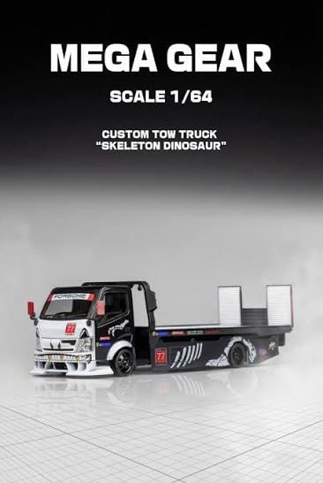Custom Flatbed Tow Truck Skeleton Dinosaur (Black & White) - 1/64 Mega Gear