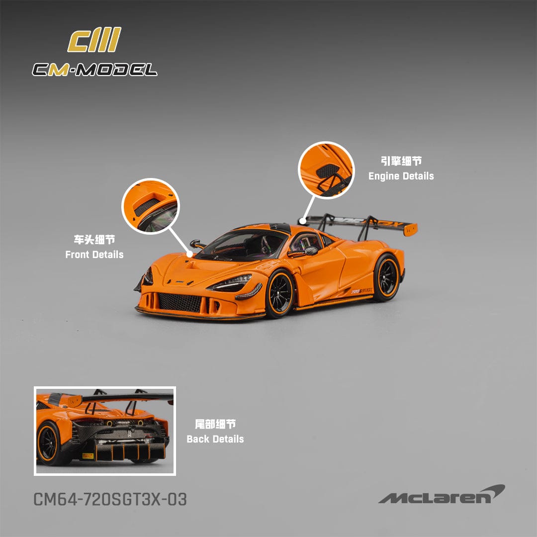 CM Model 1:64 McLaren 720S GT3X Papaya Orange with front, engine-cover and rear detail callouts