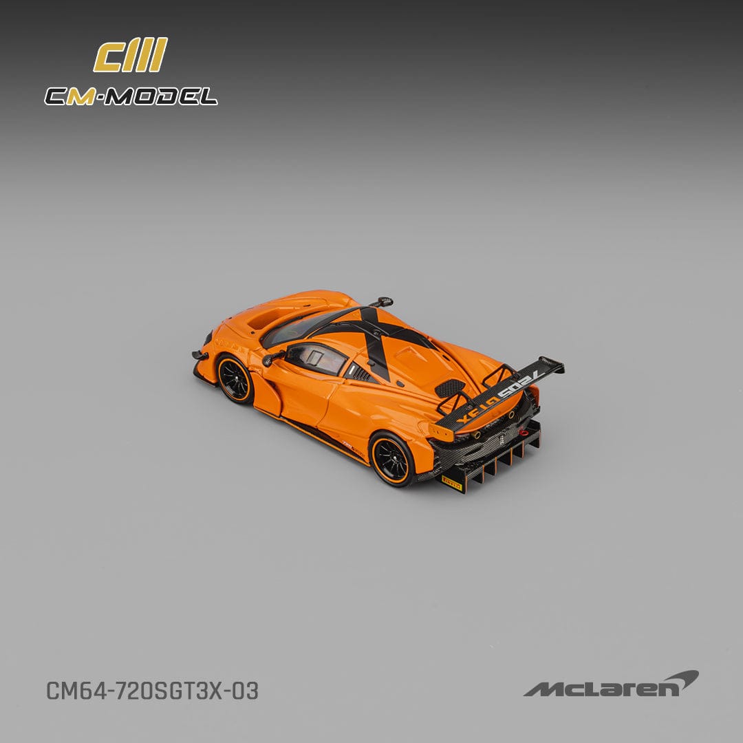 CM Model 1:64 McLaren 720S GT3X Papaya Orange overhead rear three-quarter view
