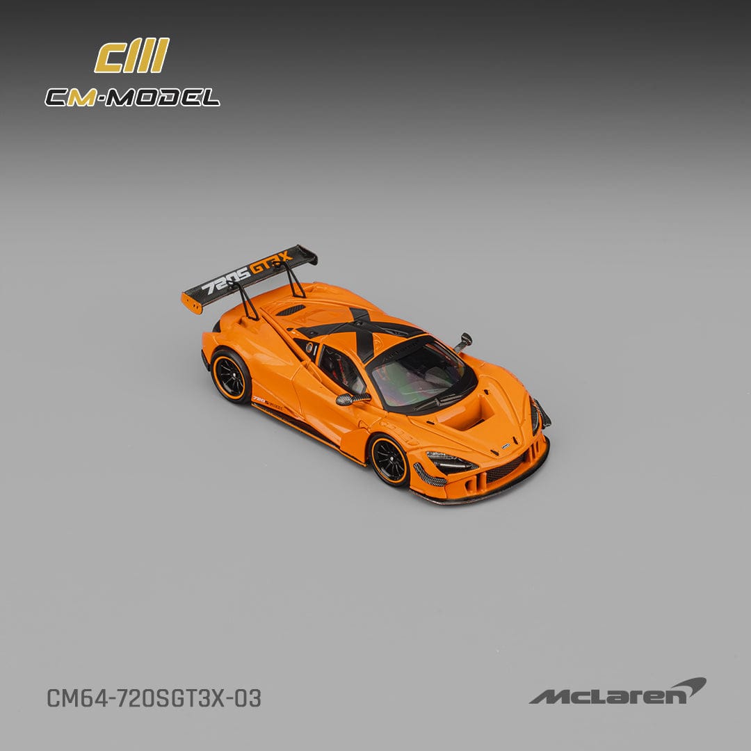 CM Model 1:64 McLaren 720S GT3X Papaya Orange overhead front three-quarter view