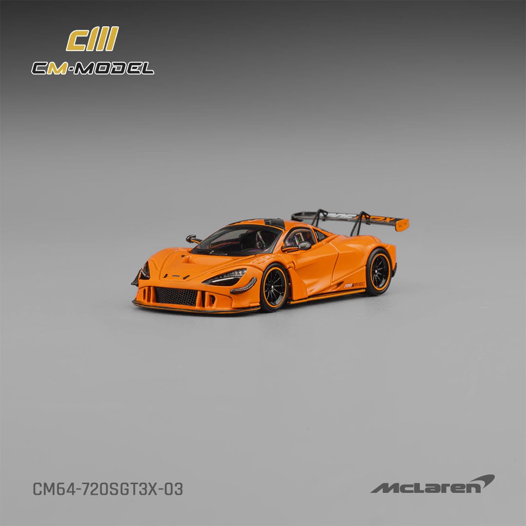 CM Model 1:64 McLaren 720S GT3X Papaya Orange front three-quarter view