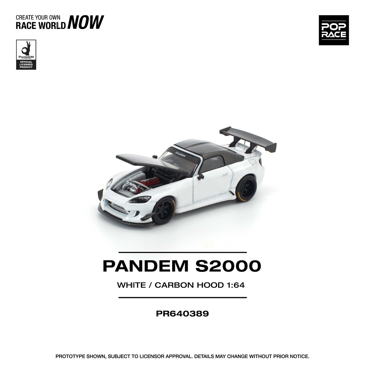 Pop Race PR640389: Front three-quarter view with hood open; white body, carbon-pattern hood and closed roof, black wheels; printed PR640389 and WHITE / CARBON HOOD