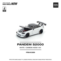 Pop Race PR640389: Front three-quarter view with hood open; white body, carbon-pattern hood and closed roof, black wheels; printed PR640389 and WHITE / CARBON HOOD