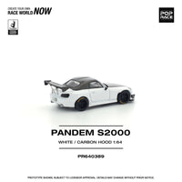 Pop Race PR640389: Rear three-quarter view with hood closed; white body, carbon-pattern closed roof and rear wing; printed PR640389 and WHITE / CARBON HOOD